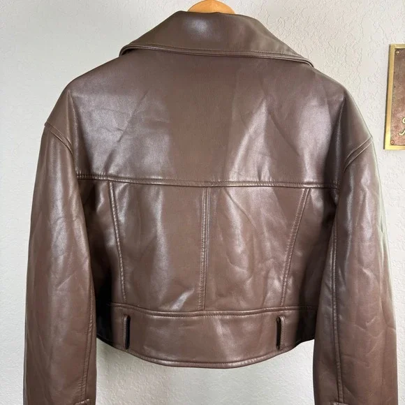Lioness Staten Island Brown Vegan Leather Cropped Moto Jacket Womens XS NEW - Picture 8 of 11